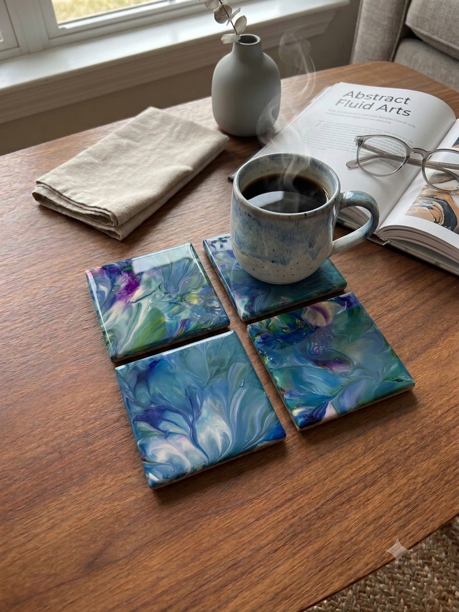 Aqua Bloom Abstract Acrylic Pour Coaster Set