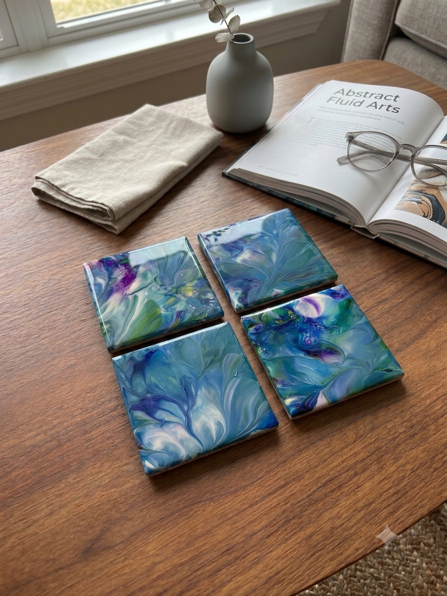 Aqua Bloom Abstract Acrylic Pour Coaster Set