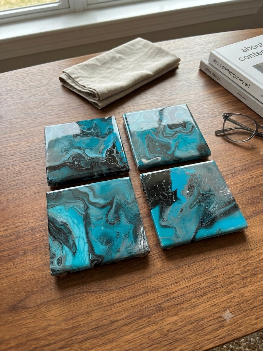 Aqua Onyx Abstract Acrylic Pour Coaster Set