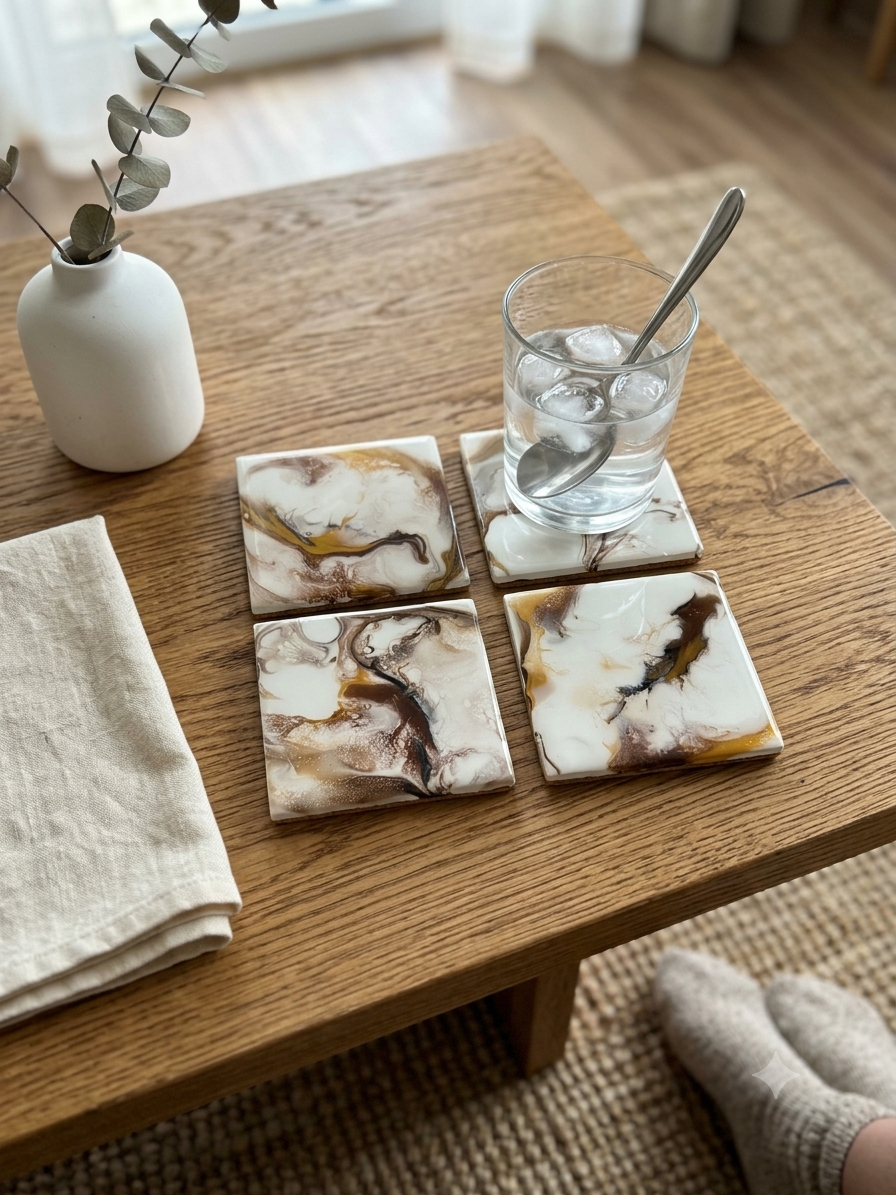 Golden Marble Acrylic Fluid Art Coasters (Set of 4)