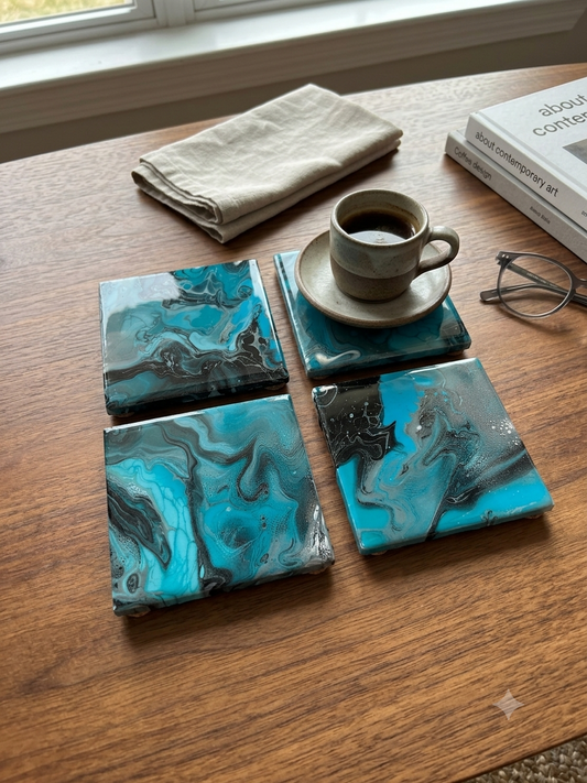 Aqua Onyx Abstract Acrylic Pour Coaster Set