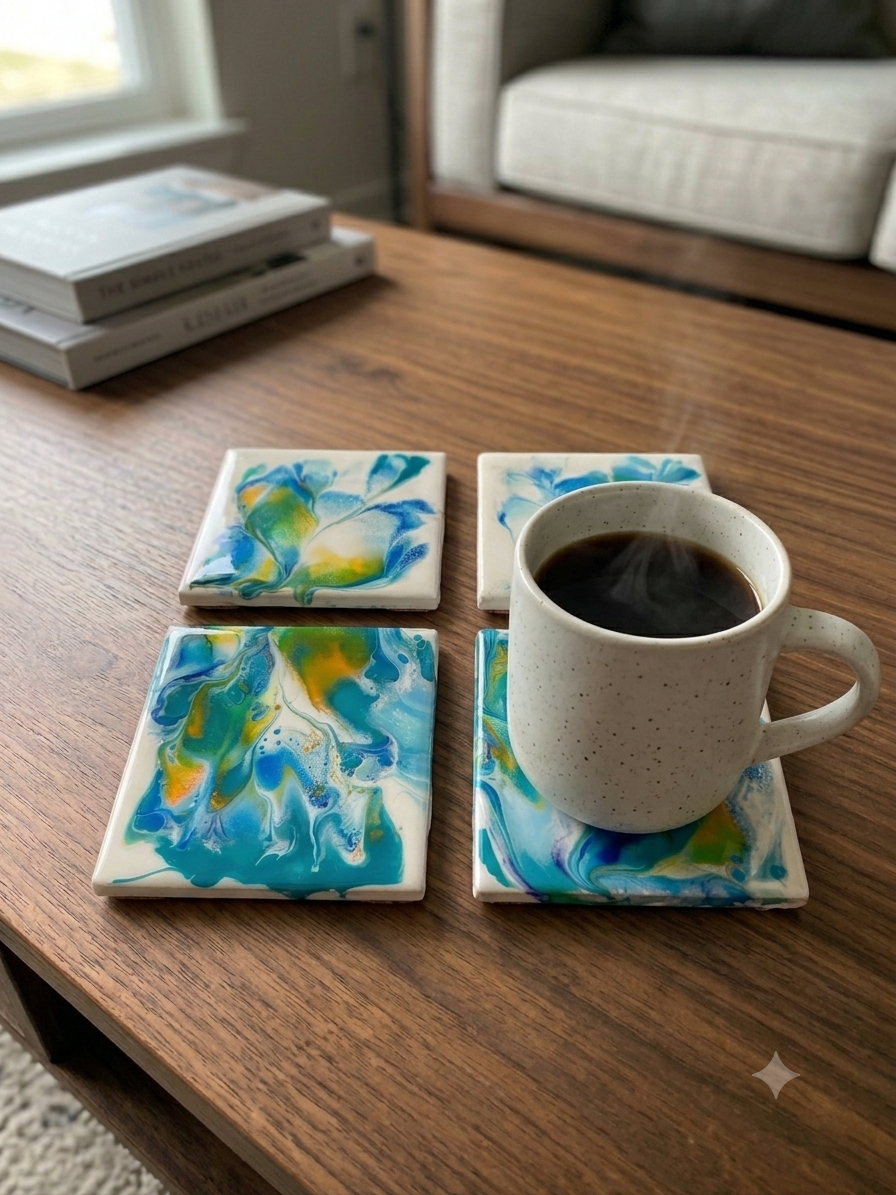 Sunlit Shore Acrylic Fluid Art Coasters (Set of 4)