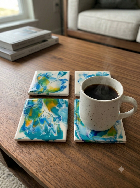 Sunlit Shore Acrylic Fluid Art Coasters (Set of 4)