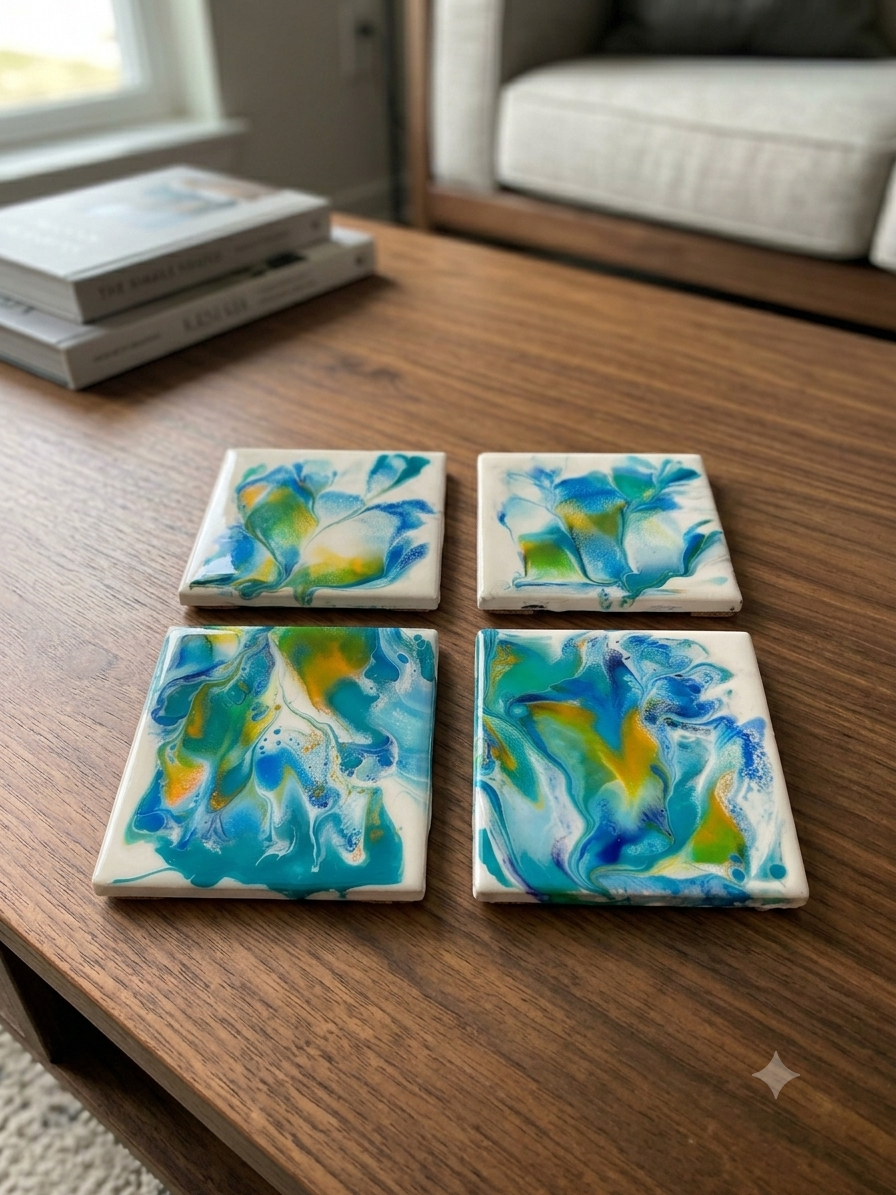 Sunlit Shore Acrylic Fluid Art Coasters (Set of 4)