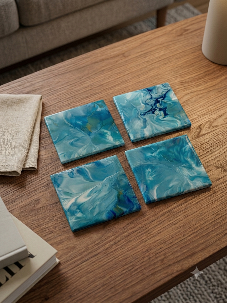 Coastal Surge Abstract Acrylic Pour Coaster Set