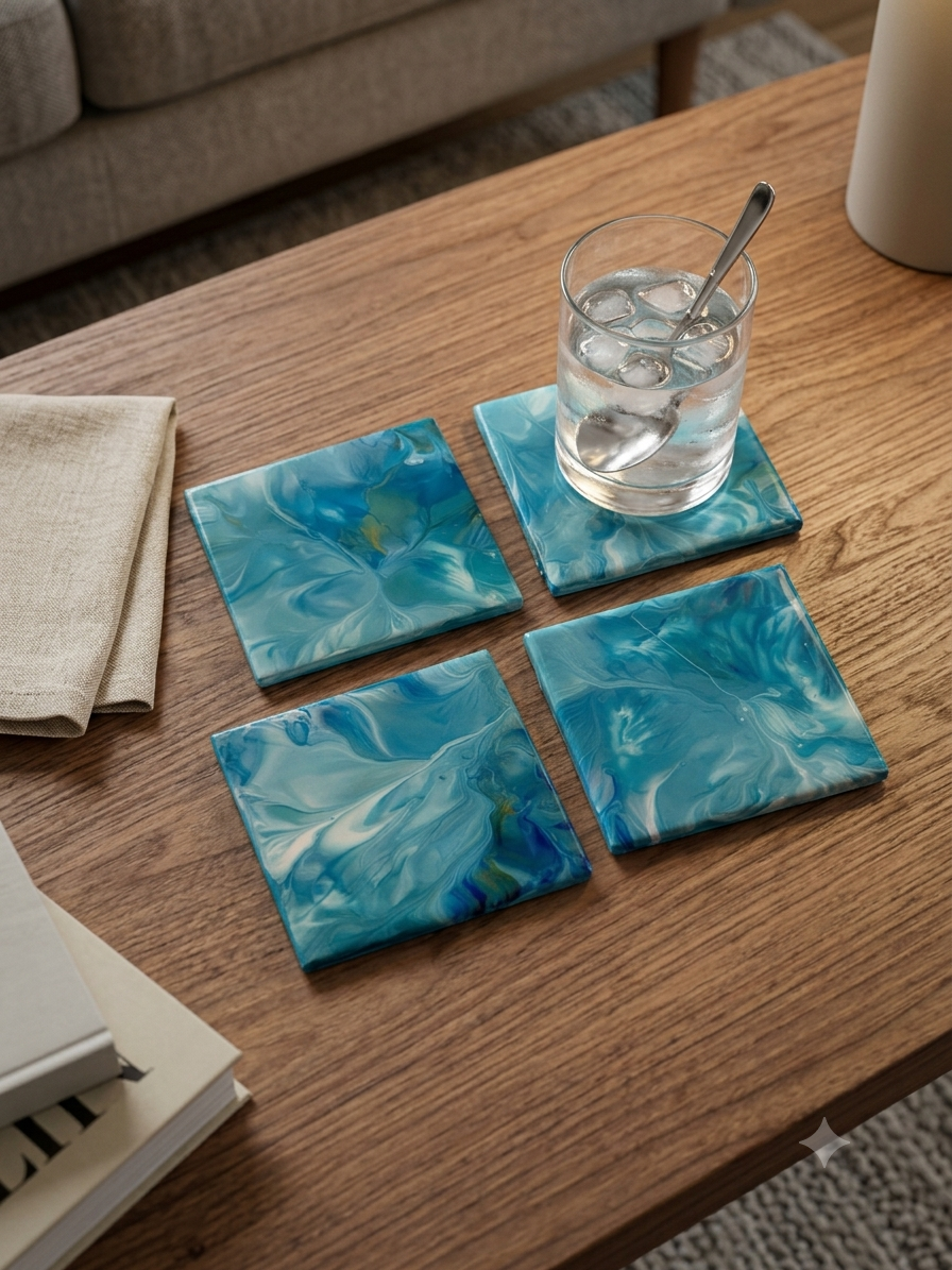 Coastal Surge Abstract Acrylic Pour Coaster Set