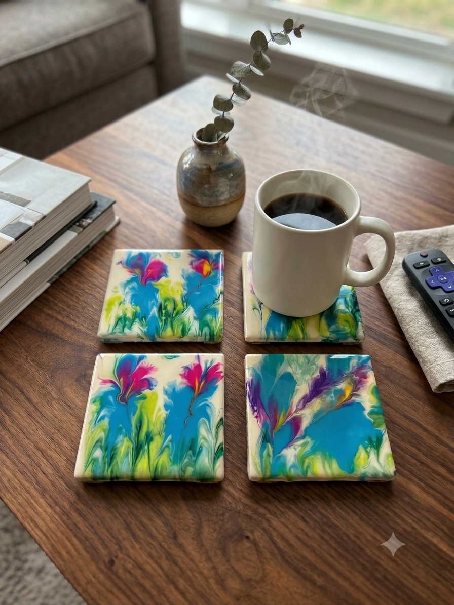 Blooming Meadow Acrylic Fluid Art Coasters (Set of 4)