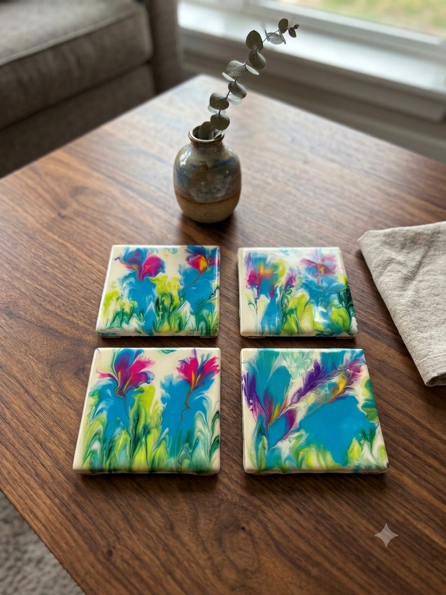 Blooming Meadow Acrylic Fluid Art Coasters (Set of 4)