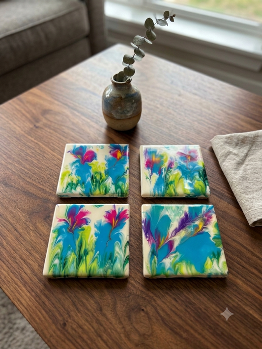 Blooming Meadow Acrylic Fluid Art Coasters (Set of 4)