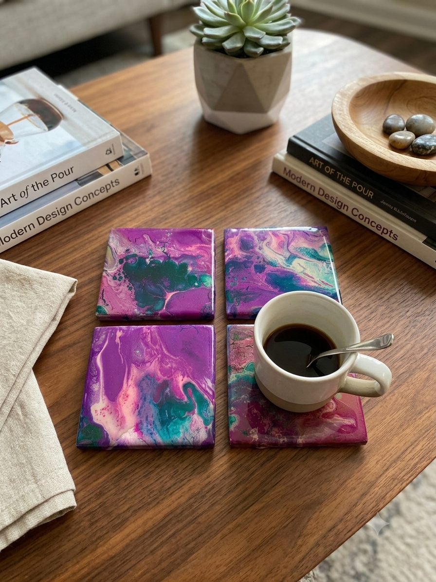 Mystic Orchid Acrylic Fluid Art Coasters (Set of 4)