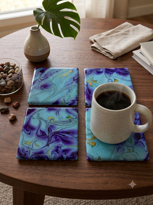 Amethyst & Aqua Acrylic Fluid Art Coasters (Set of 4)