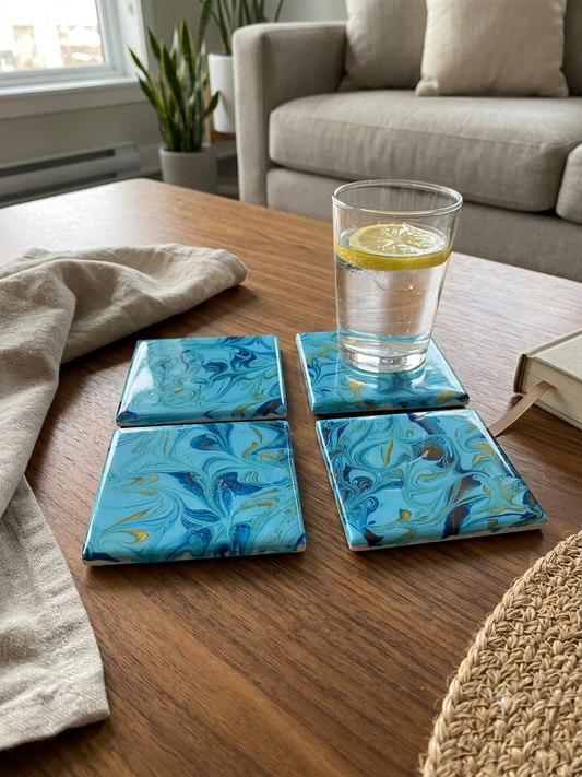 Cerulean & Gold Acrylic Fluid Art Coasters (Set of 4)