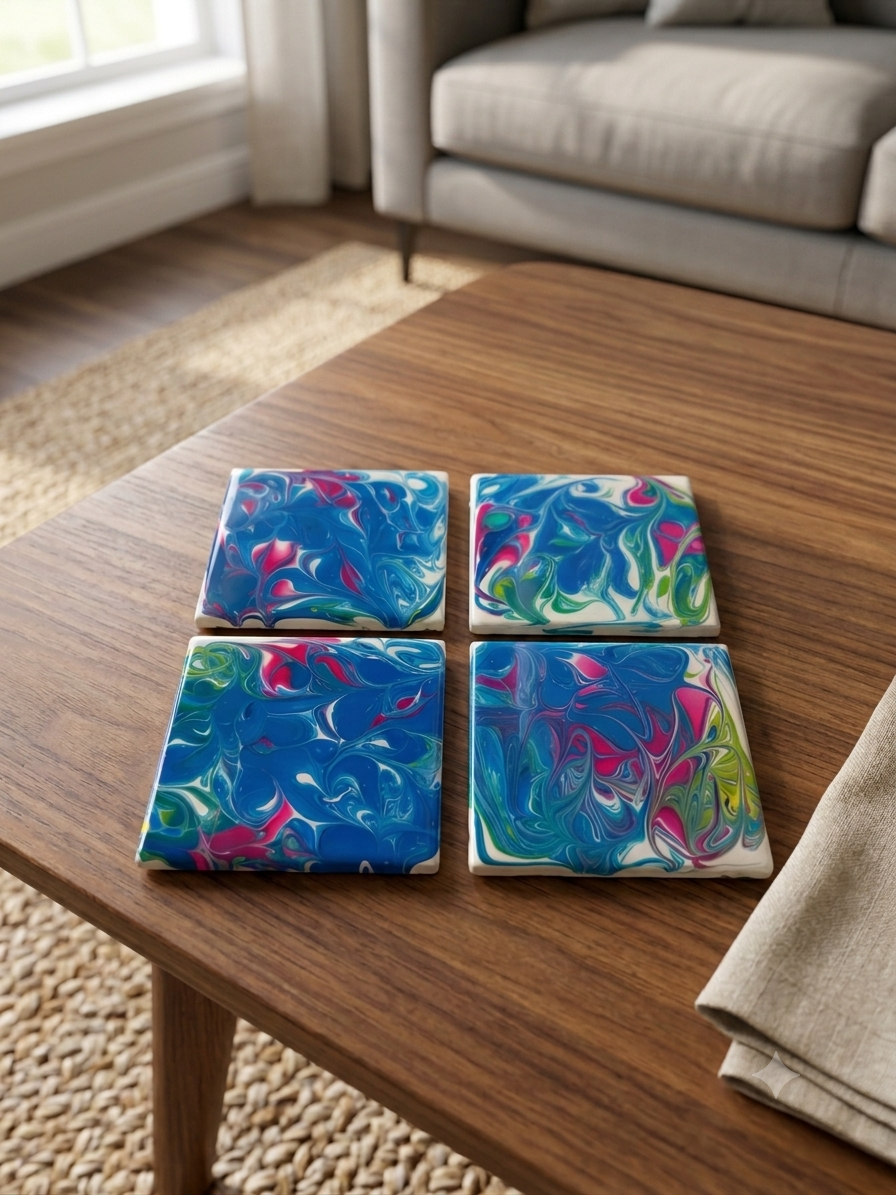 Peacock Wave Glossy Acrylic Coasters – Set of 4