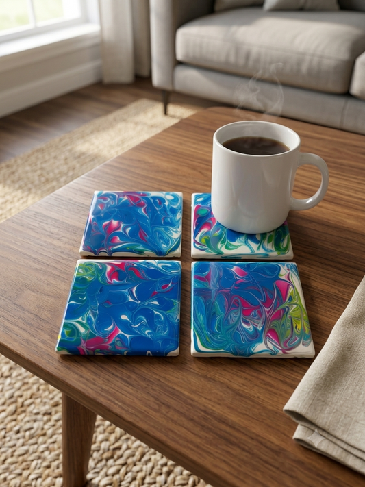 Peacock Wave Glossy Acrylic Coasters – Set of 4