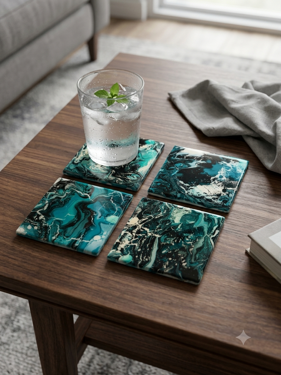 Emerald Waves Glossy Acrylic Coasters – Set of 4