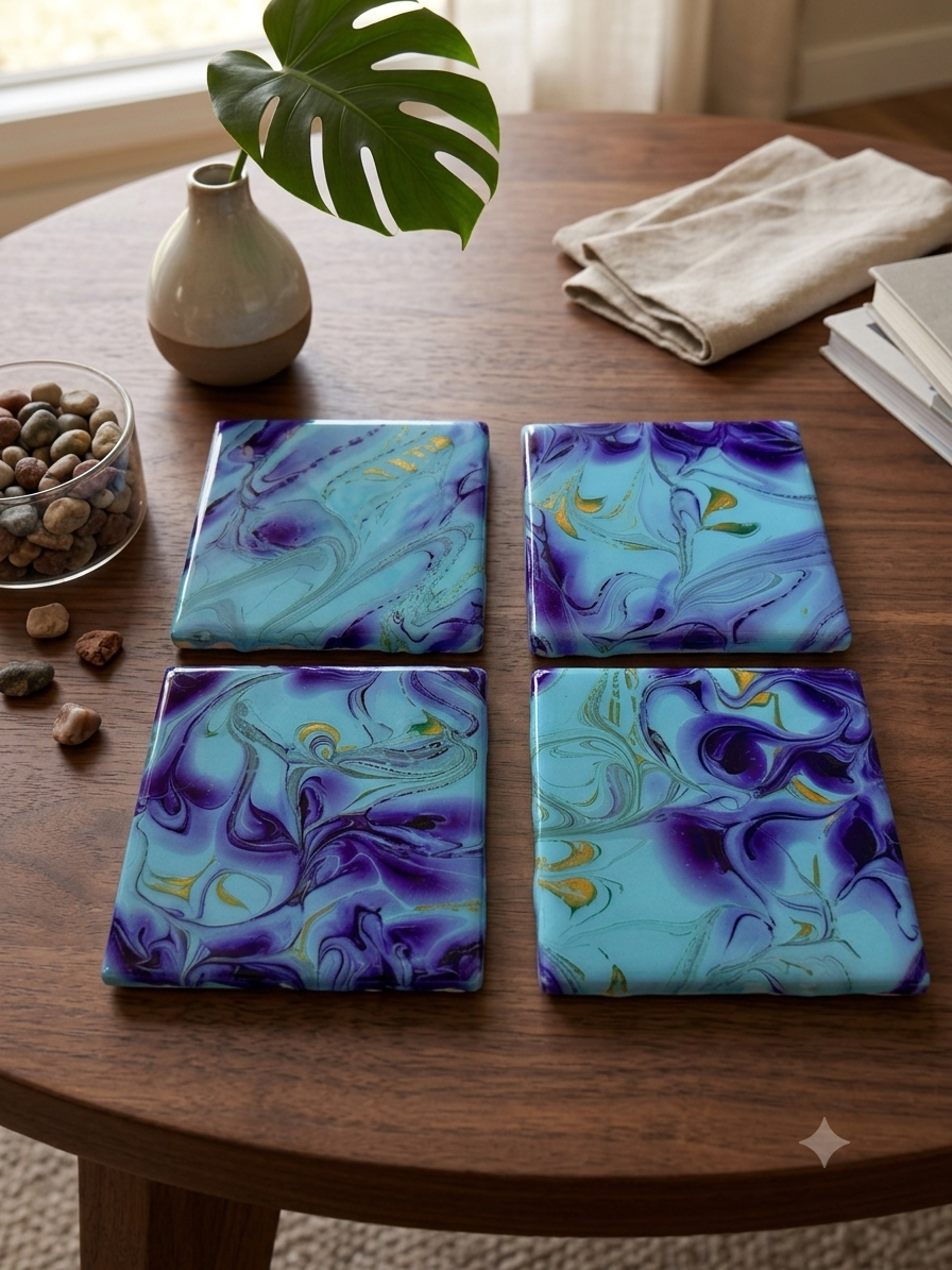 Amethyst & Aqua Acrylic Fluid Art Coasters (Set of 4)
