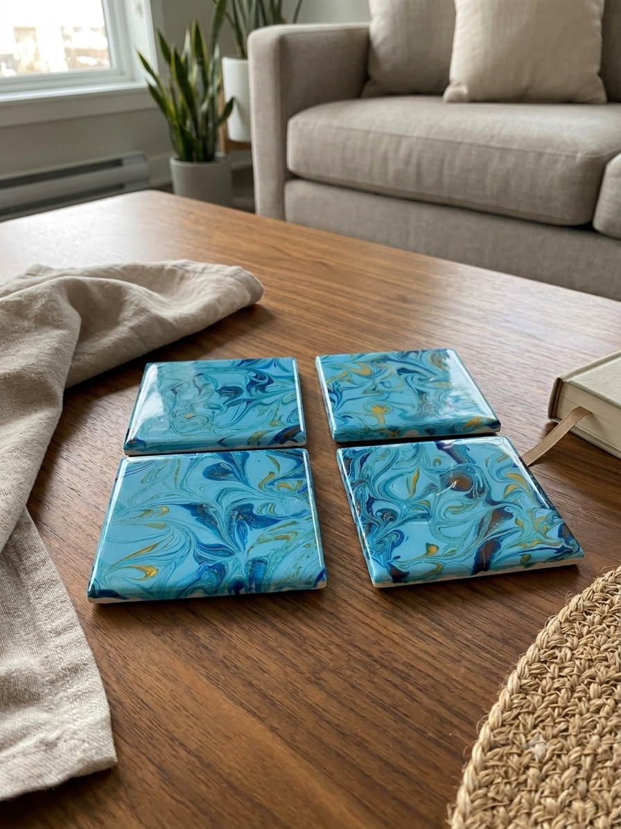 Cerulean & Gold Acrylic Fluid Art Coasters (Set of 4)