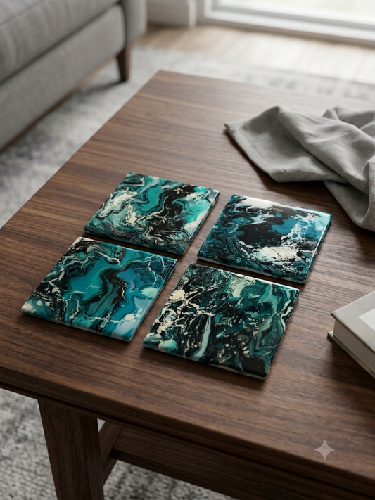 Emerald Waves Glossy Acrylic Coasters – Set of 4