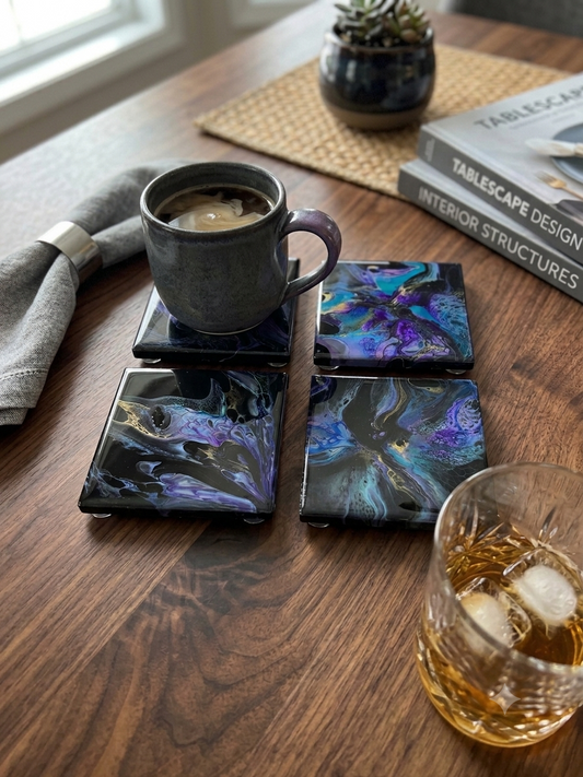 Midnight Bloom Acrylic Fluid Art Coasters (Set of 4)
