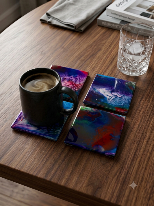 Cosmic Jewel Abstract Acrylic Pour Coaster Set