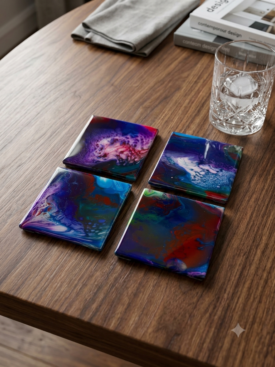 Cosmic Jewel Abstract Acrylic Pour Coaster Set