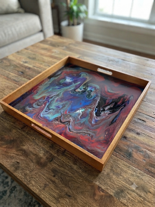 15-Inch Crimson & Twilight Fluid Art Serving Tray
