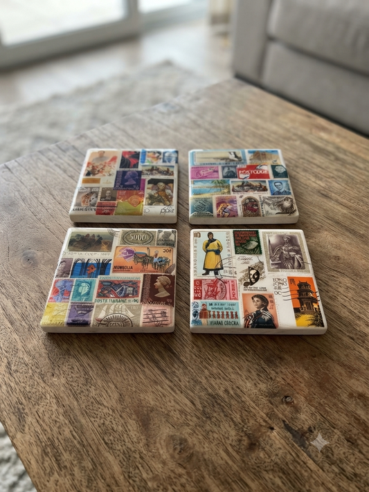 Vintage International Stamp Collage Coaster Set