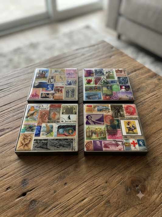 Vintage World Stamp Collage Coaster Set