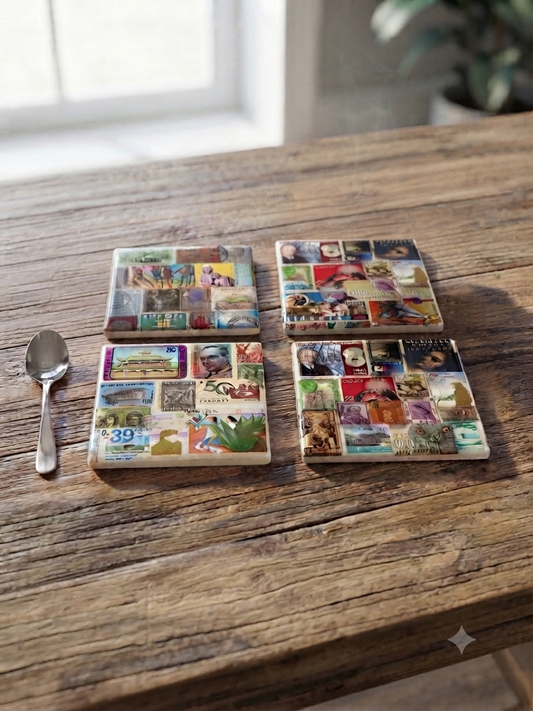 Vintage Postage Stamp Collage Coaster Set
