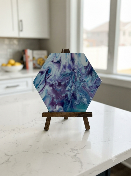 9-Inch Lavender & Aqua Fluid Art Hexagon Trivet
