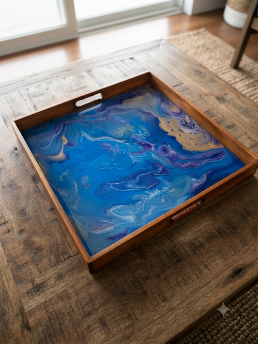 16-Inch Ocean Tide Fluid Art Serving Tray