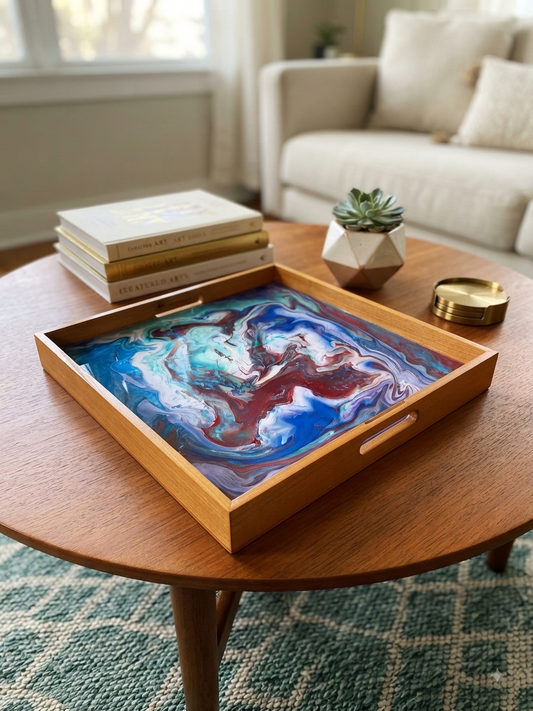 Celestial Tide 14 Inch Wooden Serving Tray
